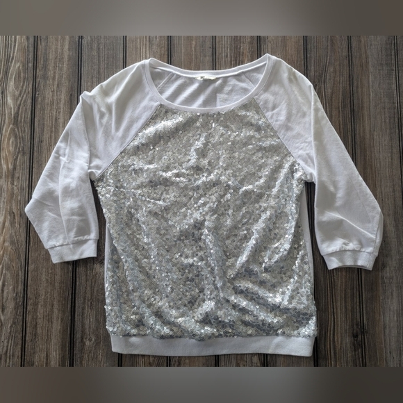 Kut From the Kloth large sequined white 3/4 sleeve top - Picture 1 of 8